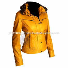 желтая кожаная куртка с капюшоном для женщин d
